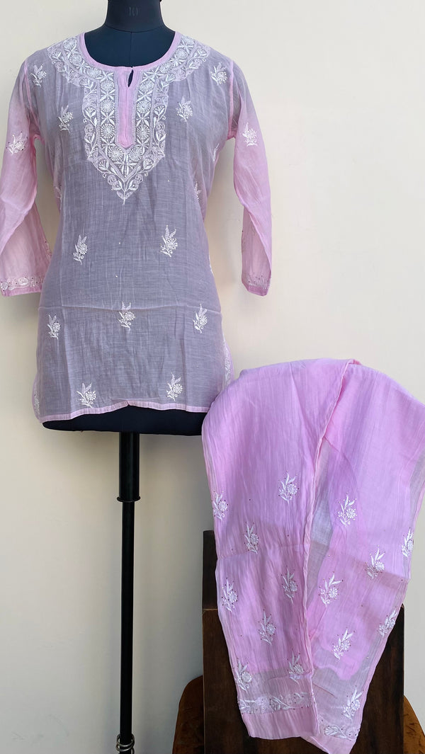 Lucknowi Chikankari Co-ord Set Pink Mal Chanderi With Mukaish Work