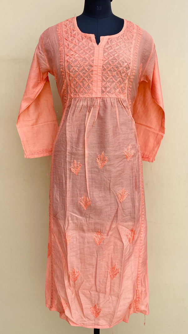 Lucknowi Chikankari Kurti Peach Mal Chanderi With Self & 3D Work
