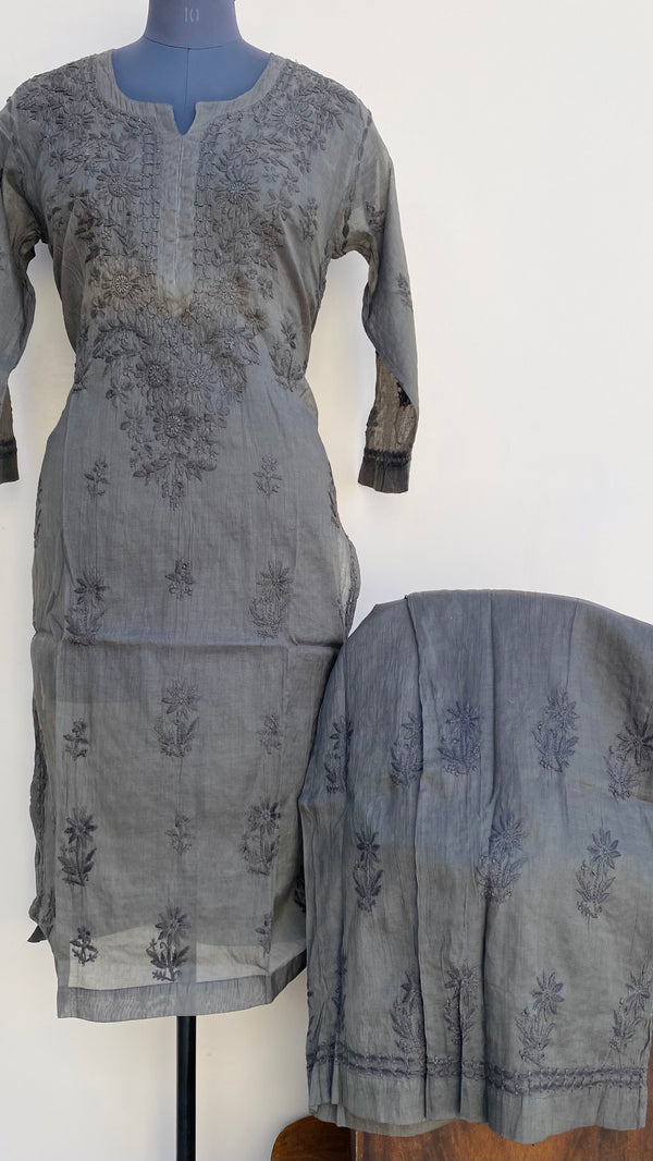Lucknowi Chikankari Co-ord Set Gray Mal Chanderi With Self Work