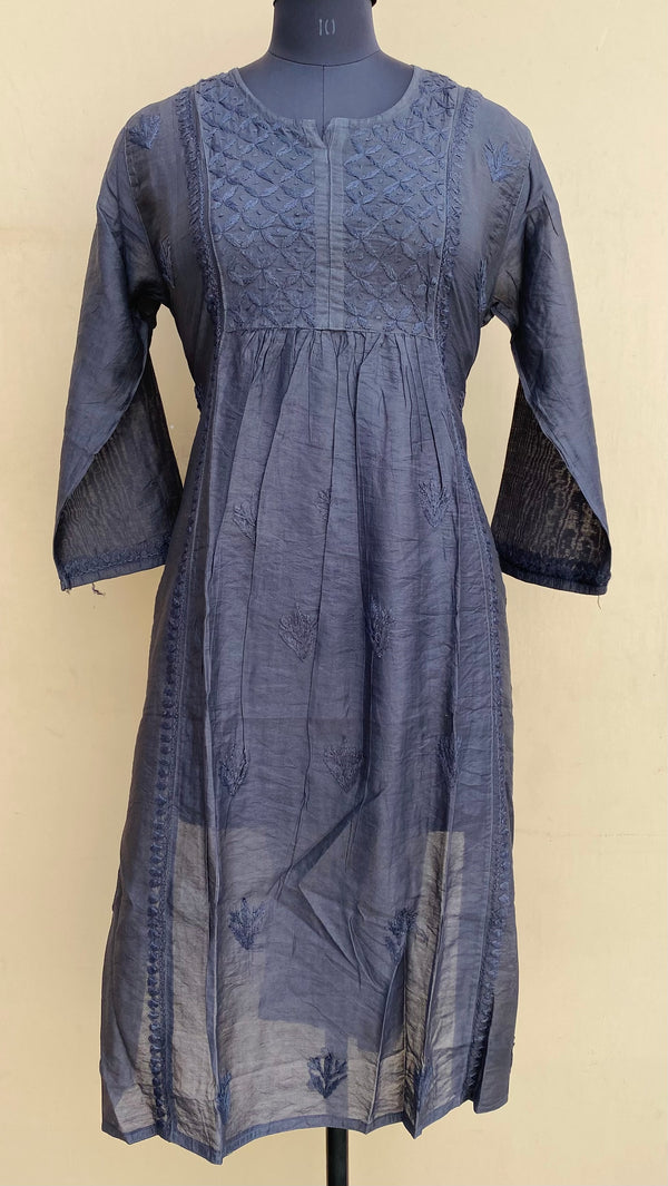 Lucknowi Chikankari Kurti Gray Mal Chanderi With Self &3D Work