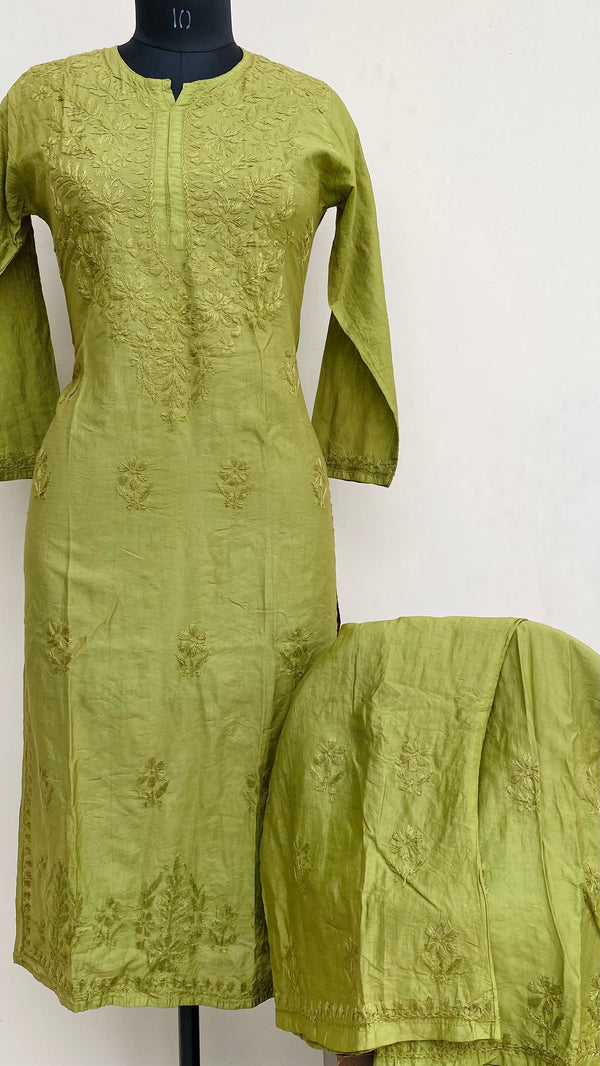 Lucknowi Chikankari Co-ord Set Green Mal Chanderi With Self Work