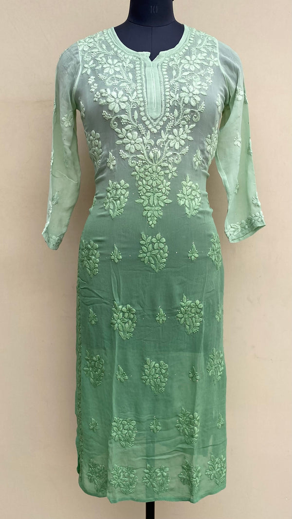 Lucknowi Chikankari Ombre Kurti Pista Green Pure Georgette