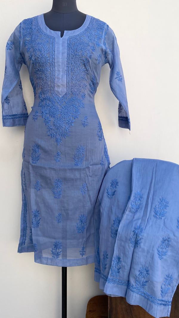 Lucknowi Chikankari Co-ord Set Blue Mal Chanderi With Self Work