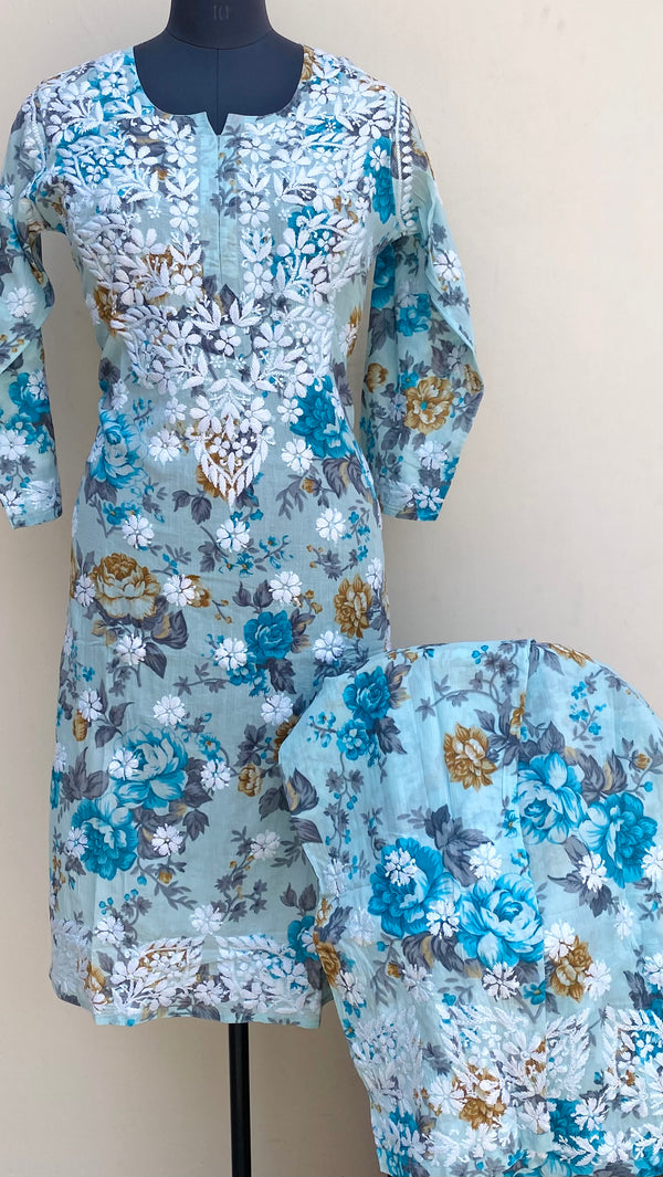 Lucknowi Chikankari Printed Co-ord Set Blue Mulmul Cotton