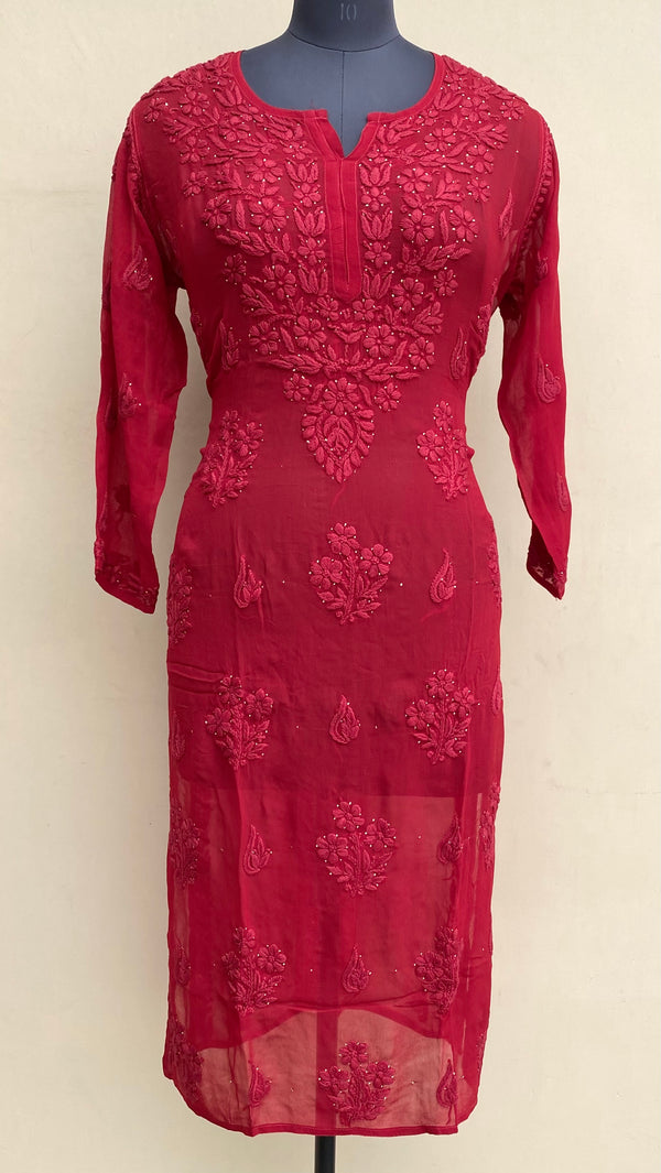 Lucknowi Chikankari Kurti Maroon Pure Georgette With Mukaish Work