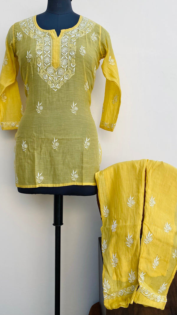 Lucknowi Chikankari Co-ord Set Yellow Mal Chanderi With Mukaish Work