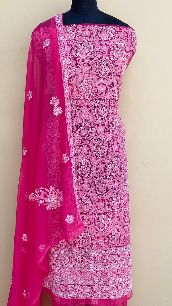 Lucknowi Chikankari Suit Length 3 Piece Pink Georgette