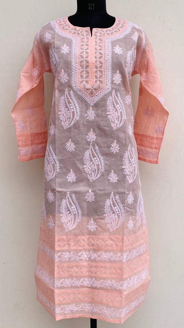 Lucknowi Chikankari Kurti Peach Cotton With Applique Work
