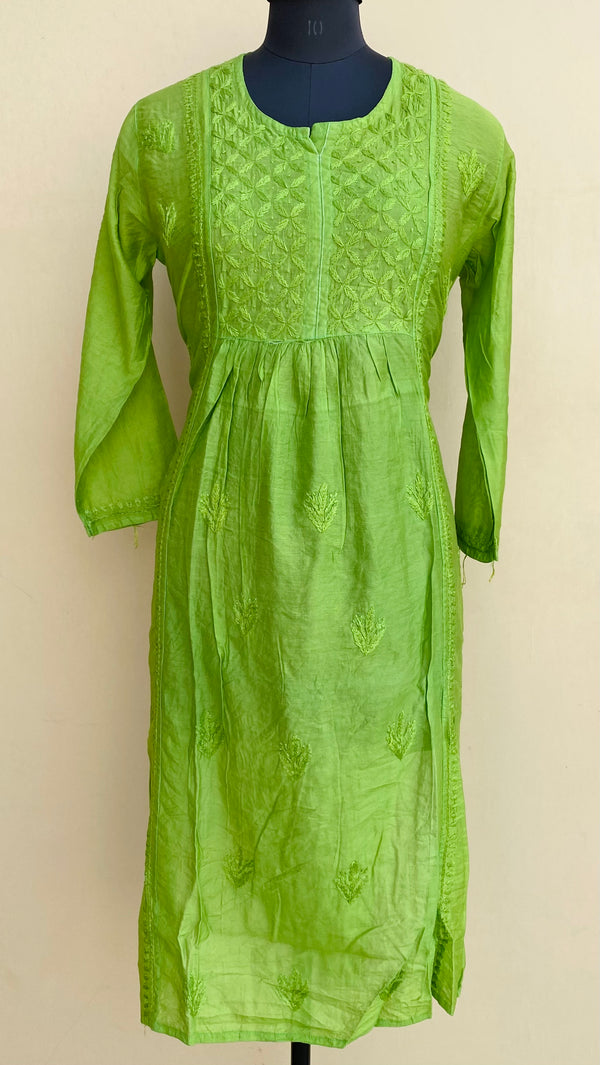 Lucknowi ChikanKari Kurti Green Mal Chanderi With Self 3D Work