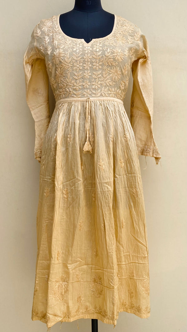 Lucknowi Chikankari Nyra Ombre Kurti Beige Mal Chanderi With Self 3D Work