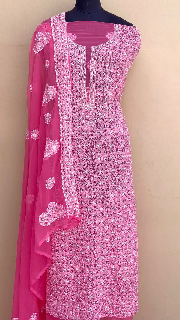 Lucknowi Chikankari Suit Length 3 Piece Pink Georgette