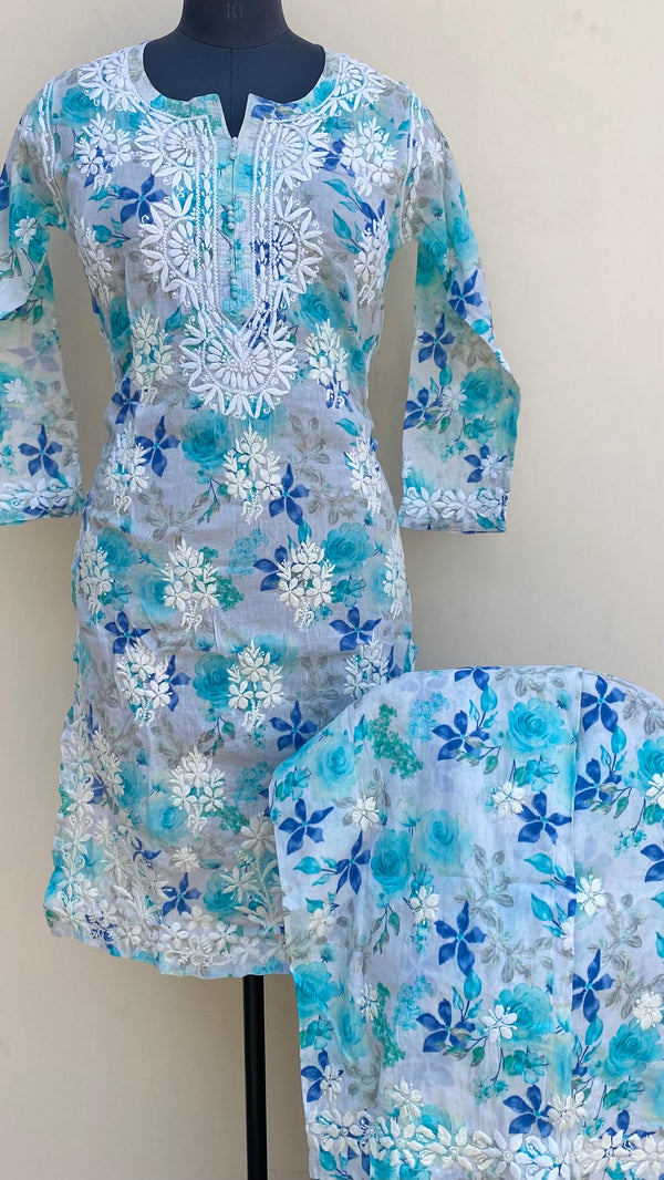 Lucknowi Chikankari Printed Co-ord Set Blue Mulmul Cotton