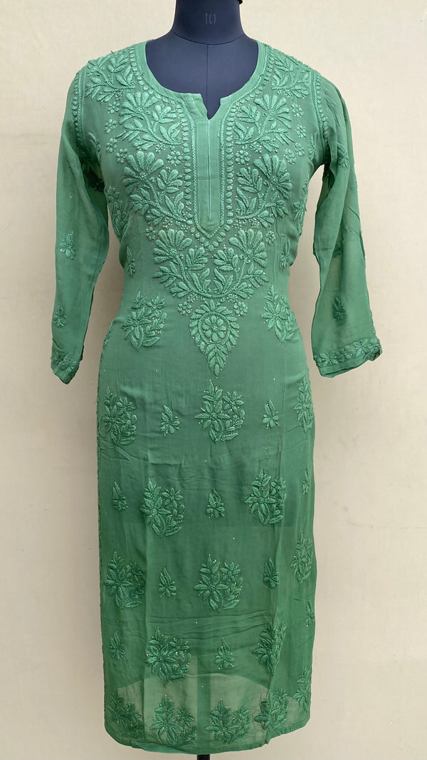 Lucknowi Chikankari Ombre Kurti Green Pure Georgette