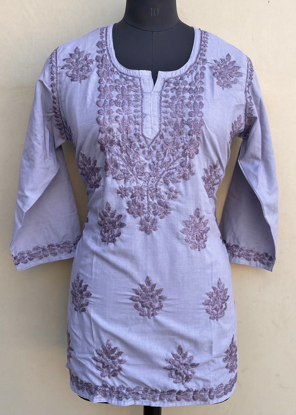 Lucknowi Chikankari Short Kurti Purple Muslin Cotton With Self 3D Work