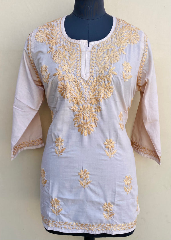 Lucknowi Chikankari Short Kurti Beige Muslin Cotton With Self 3D Work