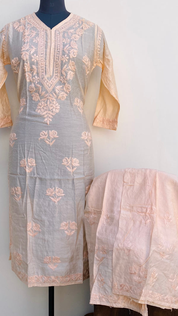Lucknowi Chikankari Co-ord Set Peach Mal Chanderi With Self Work