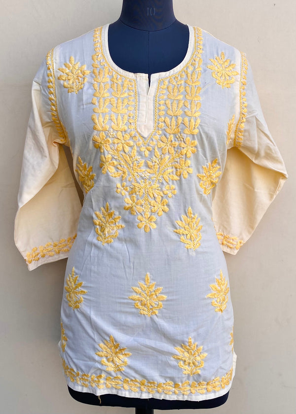 Lucknowi Chikankari Short Kurti Yellow Muslin Cotton With Self 3D Work