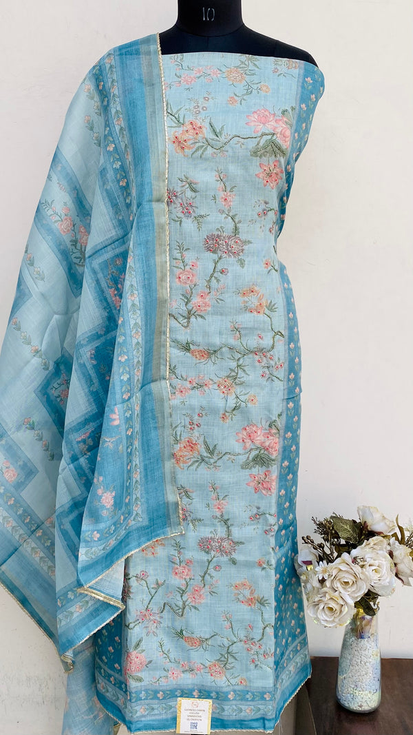 Designer Embroidered Suit Length 3 Piece Blue Linen With Cutdana & Pearl Work
