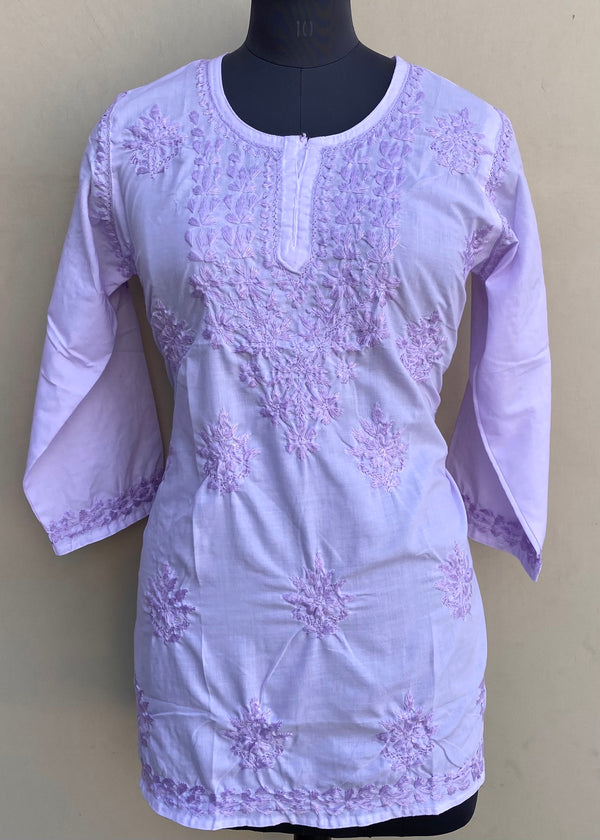 Lucknowi Chikankari Short Kurti Purple Muslin Cotton With Self 3D Work