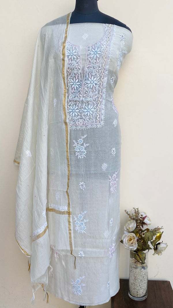 Lucknowi Chikankari Suit Length 2 Piece Off White Mal Chanderi With Cutdana & Sequence Work