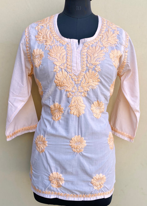 Lucknowi Chikankari Short Kurti Peach Muslin Cotton With Self 3D Work