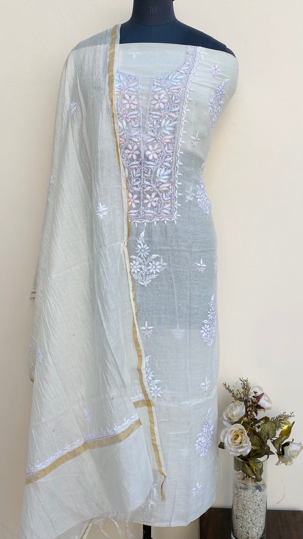 Lucknowi Chikankari Suit Length 2 Piece Off White Mal Chanderi With Cutdana & Sequence Work