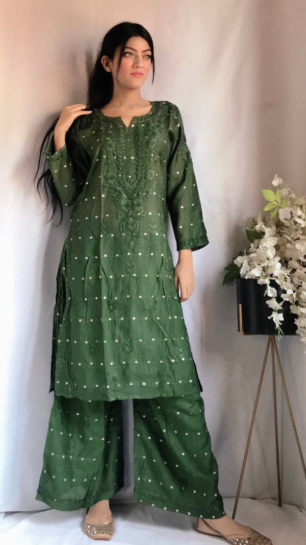 Lucknowi Chikankari Co-ord Set Bottle Green Mal Chanderi With Self Work