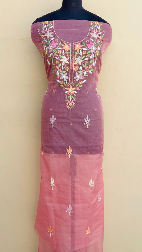 Lucknowi Chikankari Kurta Length Pink Organza With Parsi, Pearl & Stone Work