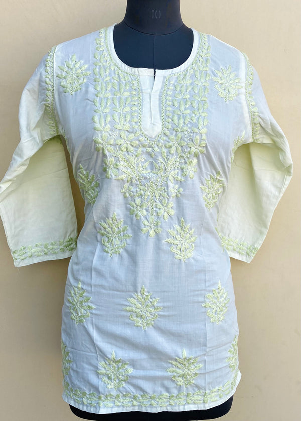 Lucknowi Chikankari Short Kurti Green Muslin Cotton With Self 3D Work