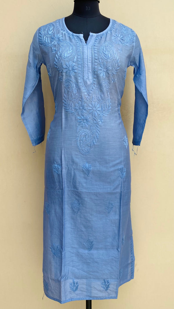 Lucknowi Chikankari Kurti Blue Mal Chanderi With Self 3D Work