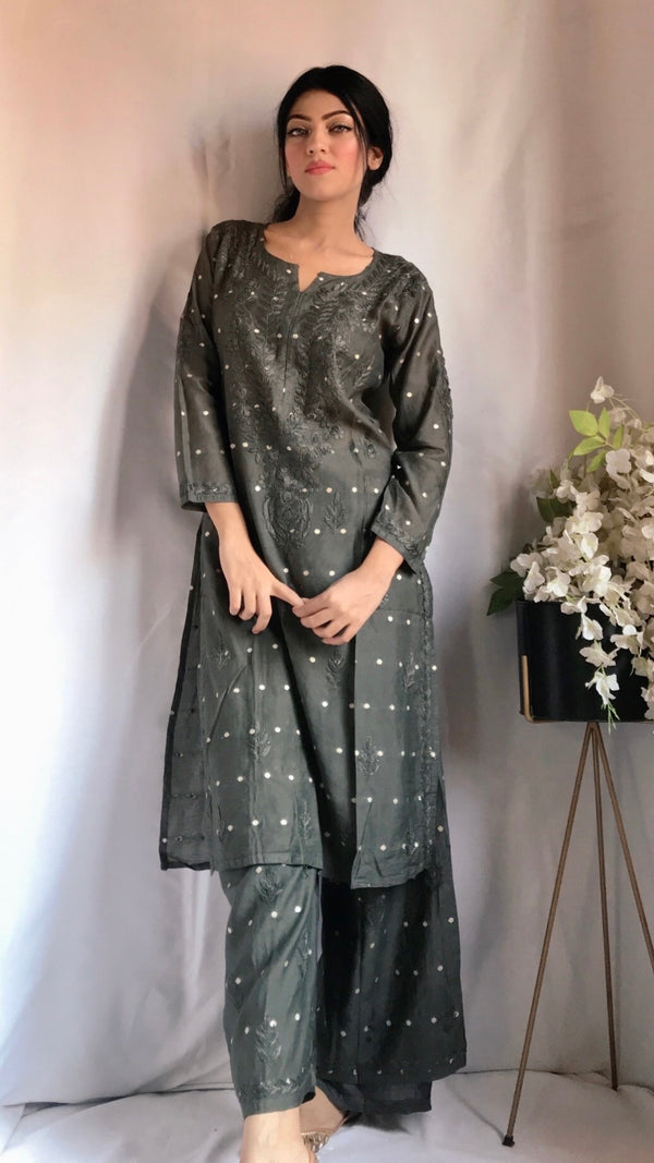 Lucknowi Chikankari Co-ord Set Gray Mal Chanderi With Self Work