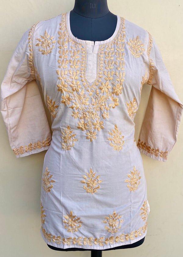 Lucknowi Chikankari Short Kurti Beige Muslin Cotton With Self 3D Work