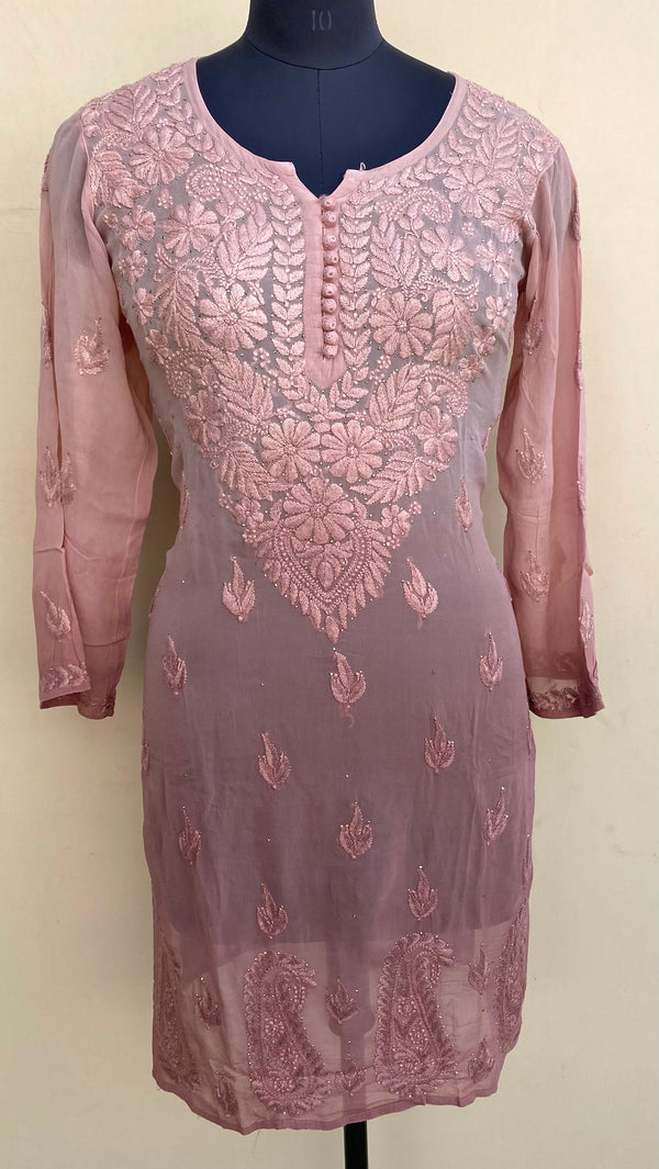 Lucknowi Chikankari Ombre Kurti Rose Pink Pure Georgette With Mukaish Work