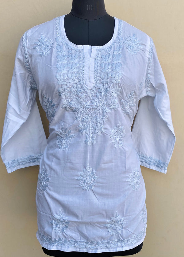 Lucknowi Chikankari Short Kurti Powder Blue Muslin Cotton With Self 3D Work