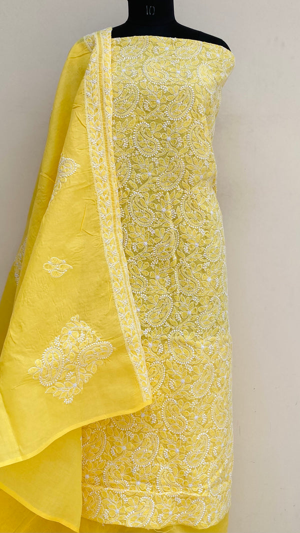 Lucknowi Chikankari Suit Length 3 Piece Yellow Cotton With Embroidered Cotton Dupatta
