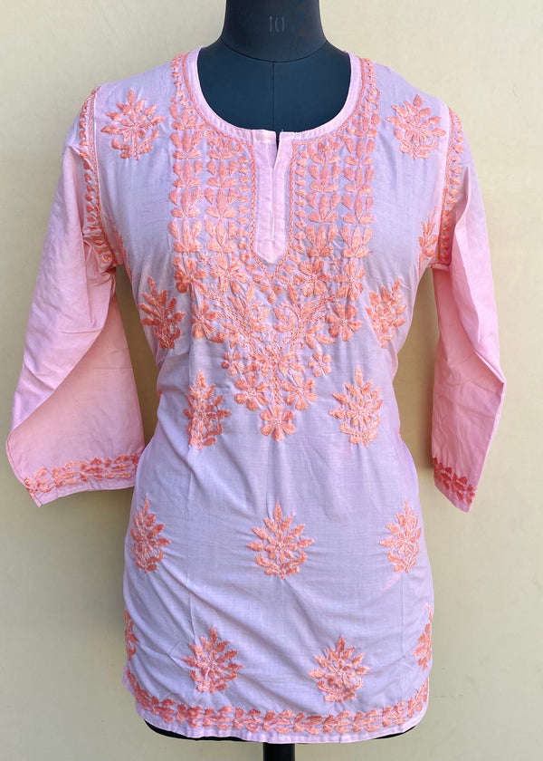 Lucknowi Chikankari Short Kurti Pink Muslin Cotton With Self 3D Work