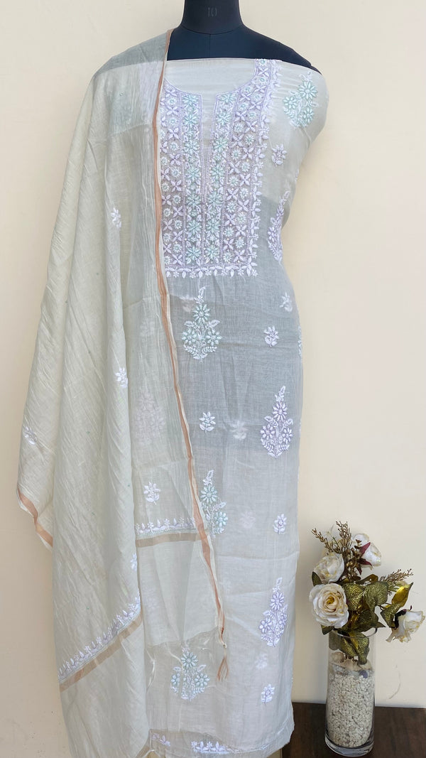 Lucknowi Chikankari Suit Length 2 Piece Off White Mal Chanderi With Cutdana & Sequence Work