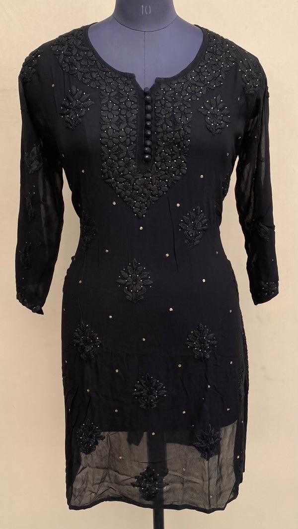 Lucknowi Chikankari Kurti Black Pure Georgette With Mukaish Work