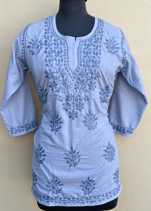 Lucknowi Chikankari Short Kurti Blue Muslin Cotton With Self 3D Work