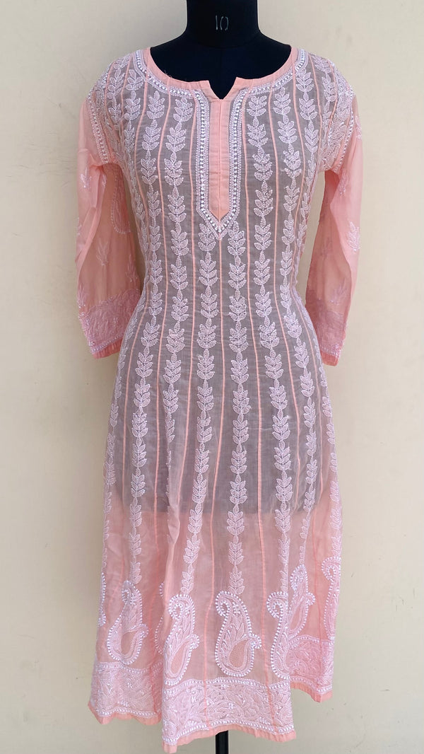 Lucknowi Chikankari Anarkali Kurti Peach Mulmul Cotton With Jaali Work