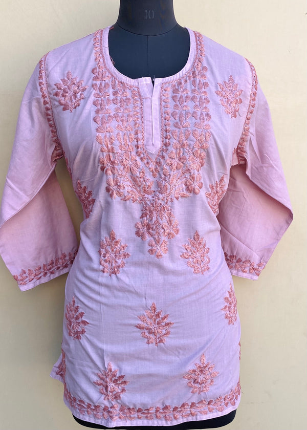 Lucknowi Chikankari Short Kurti Rose Pink Muslin Cotton With Self 3D Work