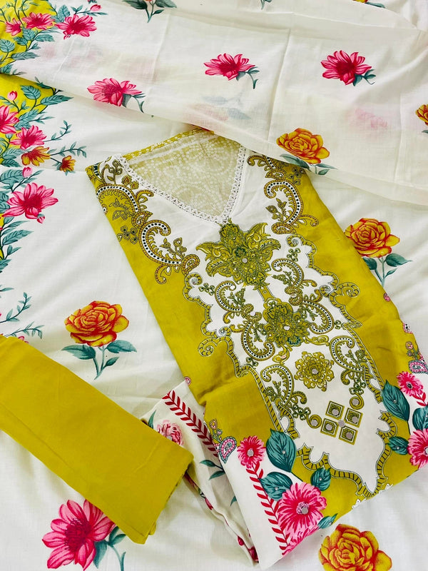 Designer Embroidered Suit Length 3 Piece Green Mal Cotton