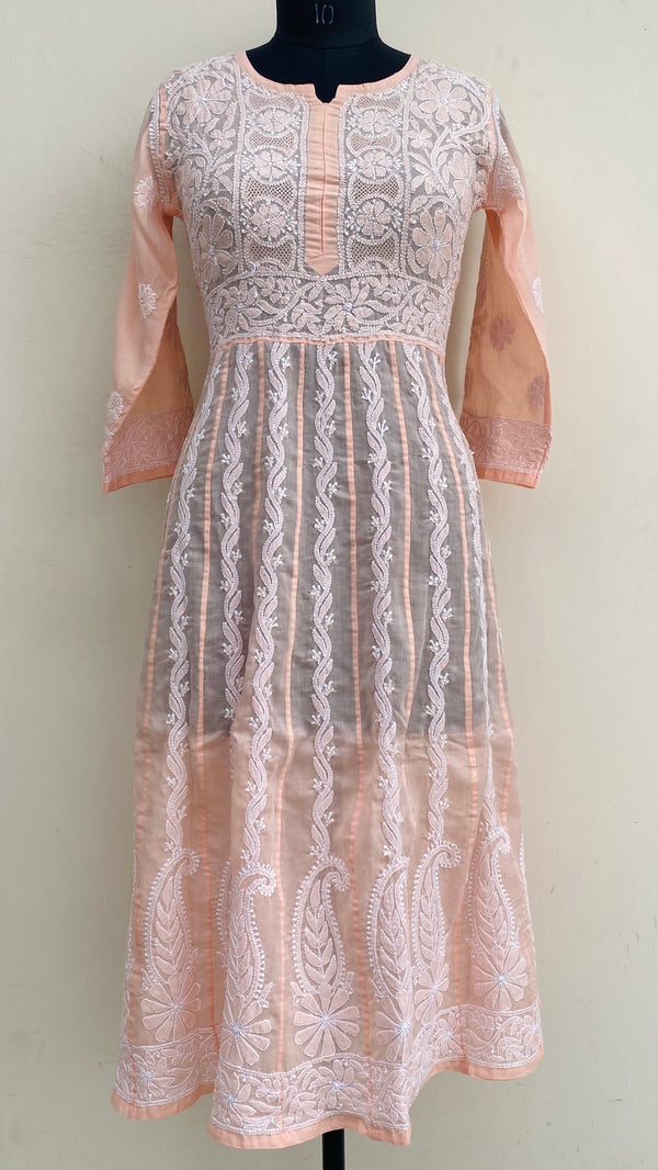Lucknowi Chikankari Anarkali Kurti Peach Mulmul Cotton With Jaali Work
