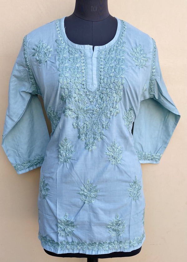 Lucknowi Chikankari Short Kurti Teal Green Muslin Cotton With Self 3D Work