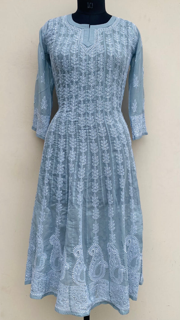 Lucknowi Chikankari Anarkali Kurti Gray Mulmul Cotton With Jaali Work