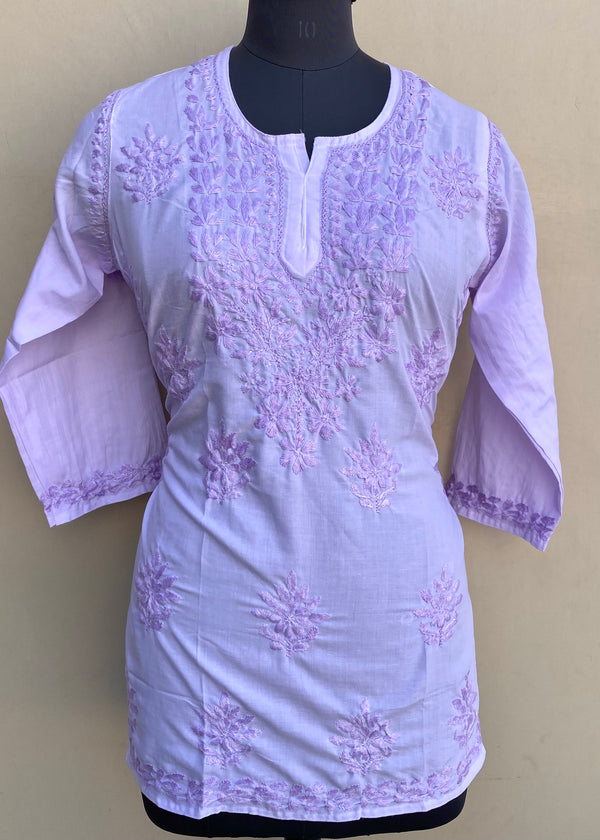 Lucknowi Chikankari Short Kurti Purple Muslin Cotton With Self 3D Work