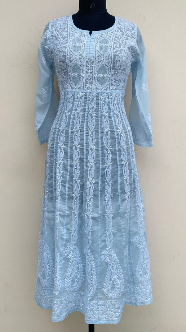 Lucknowi Chikankari Anarkali Kurti Powder Blue Mulmul Cotton With Jaali Work