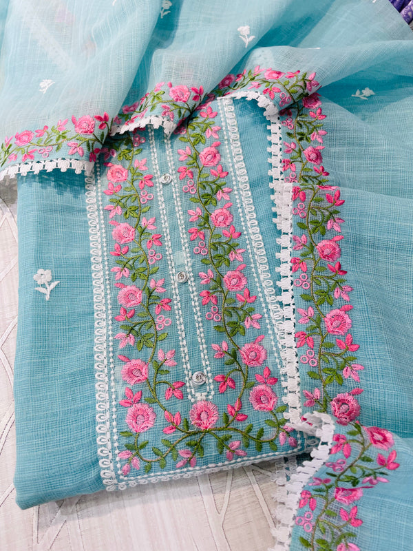 Designer Embroidered Suit Length 3 Piece Aqua Blue Kota