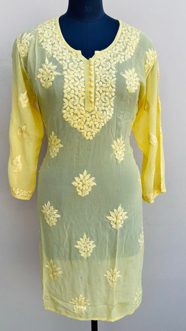 Lucknowi Chikankari Ombre Kurti Yellow Pure Georgette With Mukaish ,Resham & Self 3D Work