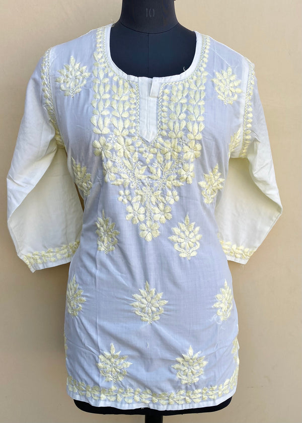 Lucknowi Chikankari Short Kurti Lemon Yellow Muslin Cotton With Self 3D Work